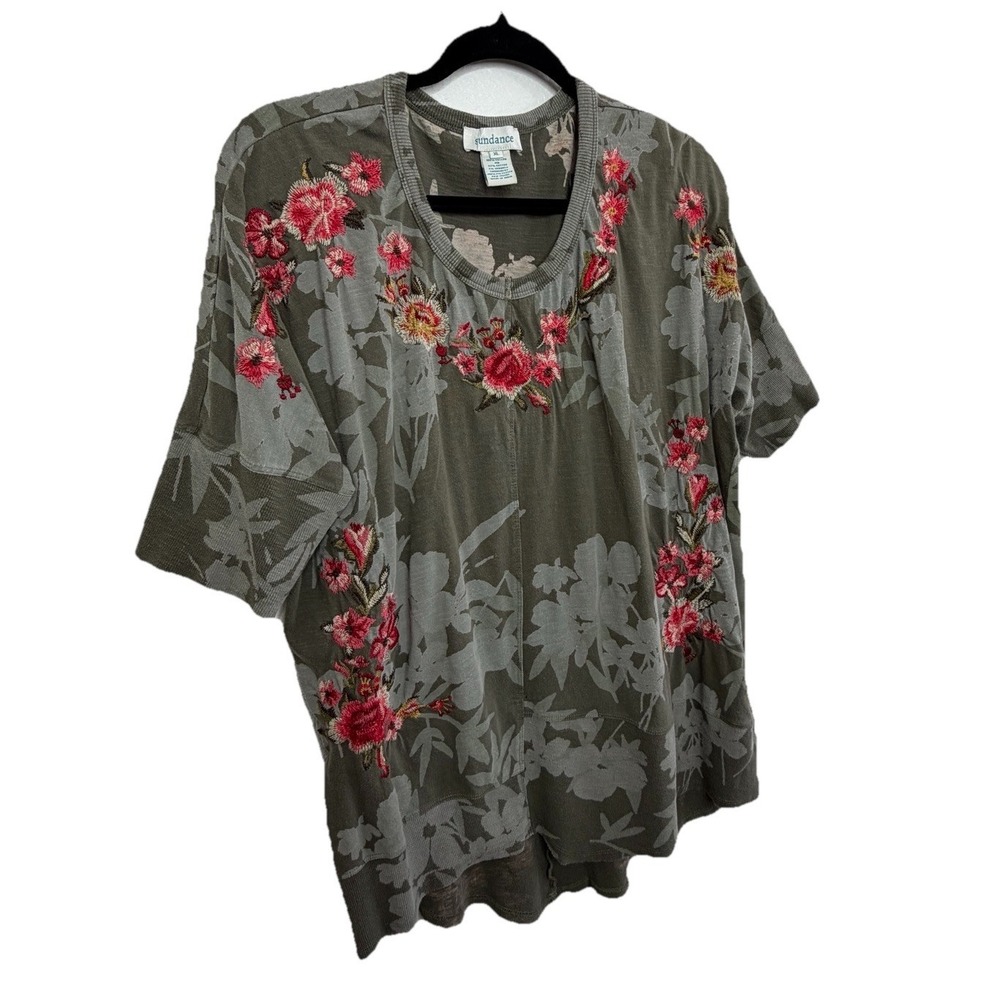 Sundance Embroidered Floral Tunic Top XL Olive Green Boho Cottagecore - Picture 3 of 15
